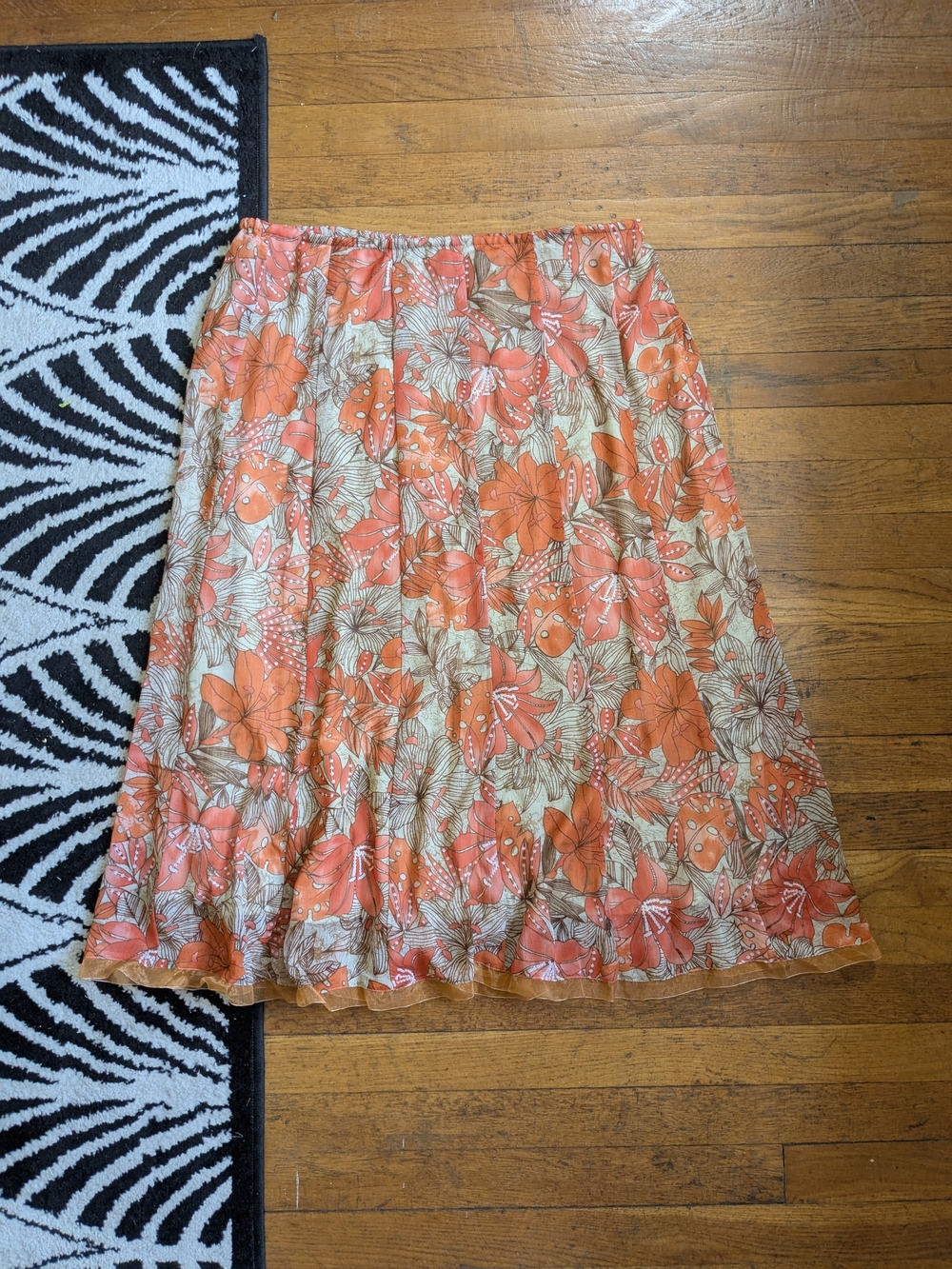 Y2K Orange Floral Chiffon Tulip Skirt with Sheer Ribbon Trim
